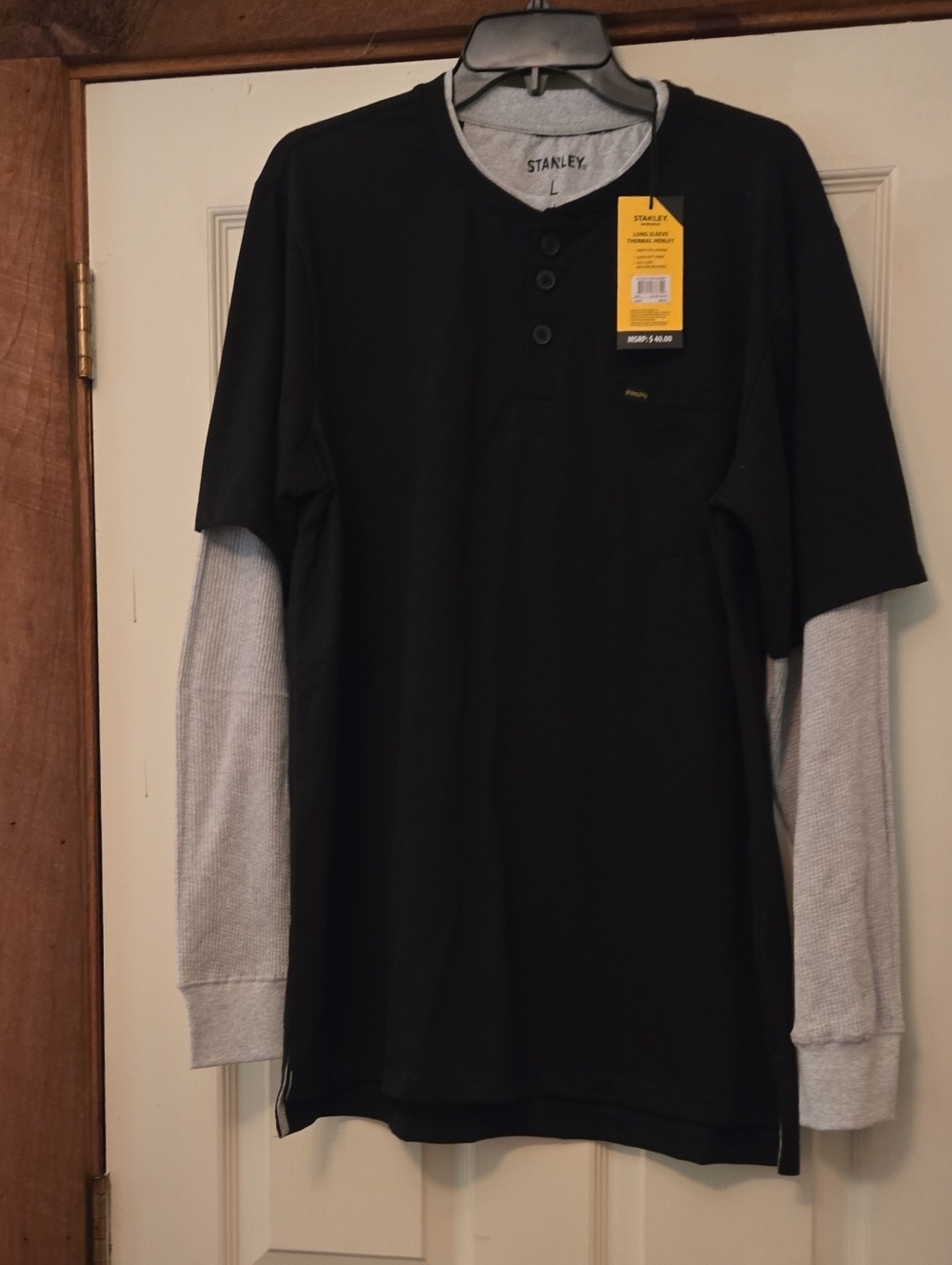 Mens Stanley Black and Light Gray Layered-Look Thermal Henley Tee NWT. Sz L